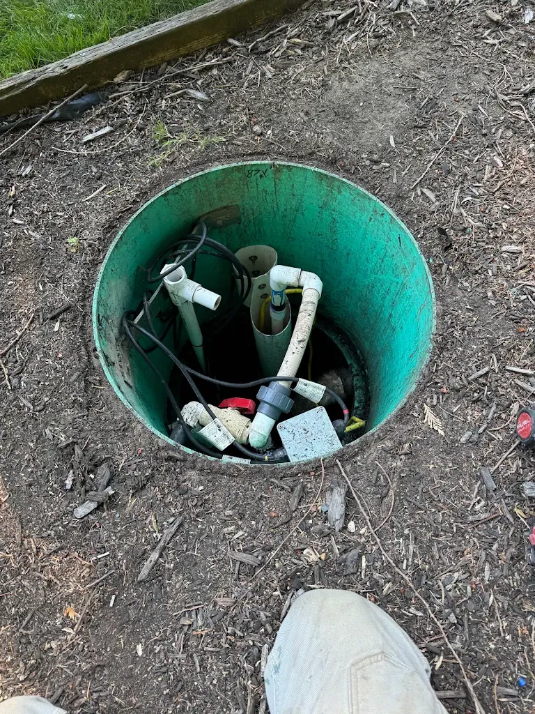 Open septic pump chamber riser showing effluent pump piping, float switches and union